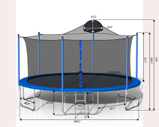 14Ft Trampoline For Adults & Kids With Basketball Hoop, Outdoor Trampolines With Ladder And Safety Enclosure Net For Kids And Adults - Blue
