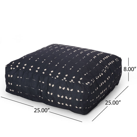 Dalm - Fabric Square Pouf Ottoman With Polystyrene Beads Filling - Dark Blue / White