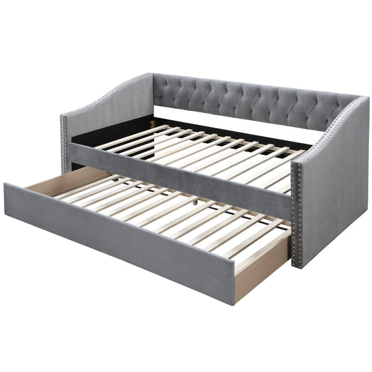 Daybed With Trundle Nailhead Trim Button Tufted