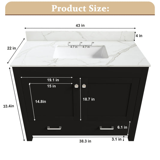 Bathroom Vanity Set, Fluted Cabinet, Soft Close Doors & Drawers, 3 Faucet Holes, Sink Included - Black