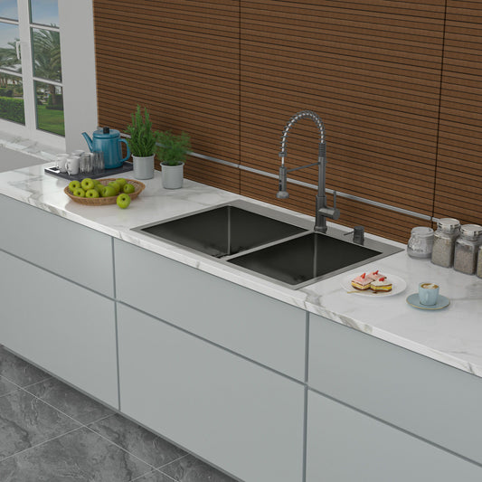 Double Bowl Kitchen Sink 16 Gauge 33" X 22" With 2 10" Deep Basins - Gunmetal Black