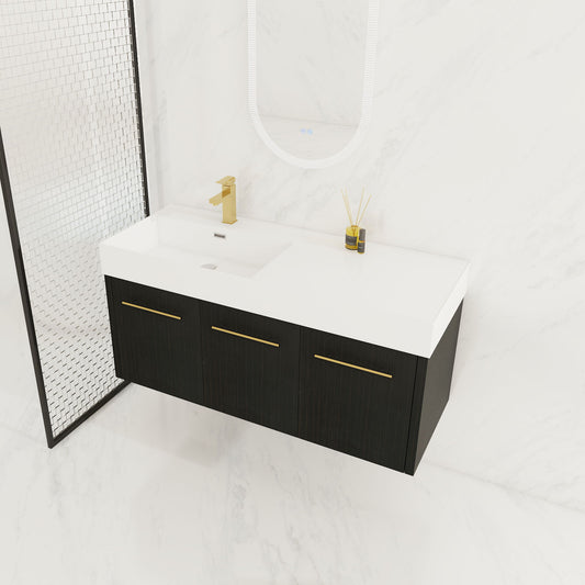 Contemporary 48" Wall Mounted Bathroom Vanity With Resin Sink And Soft Closing Doors And Line - Black Chestnut