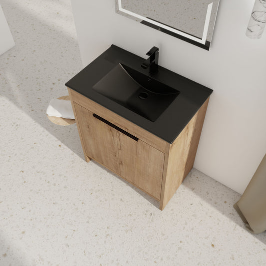30" Freestanding Bathroom Cabinet With Basin & 2 Soft Close Doors - Imitative Oak