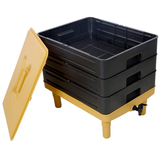 Durable 3 Tray Worm Farm Kit For Efficient Vermicomposting, 65L Capacity - Yellow / Black