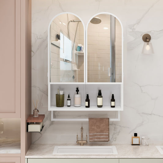 Double Arched Mirror Wall Cabinet With 2 Doors, Featuring Adjustable Shelves And Towel Rack