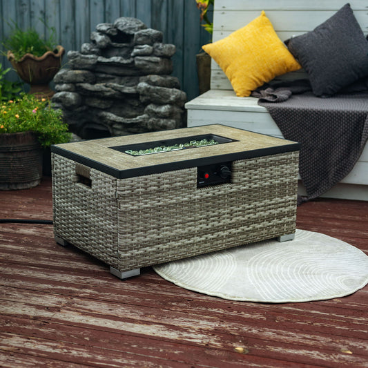 32" Propane Gas Fire Pit Table With Propane Tank Cover, 50000 Btu Rectangular Steel Fire Pit With Beautiful Wicker Base