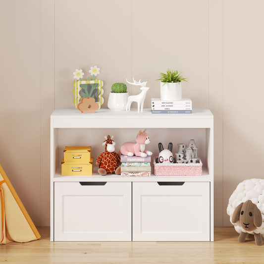 Book Organizer With Large Drawers And Open Shelves, Toy Storage Cabinet With Removable Wheels And Rounded Edges - White