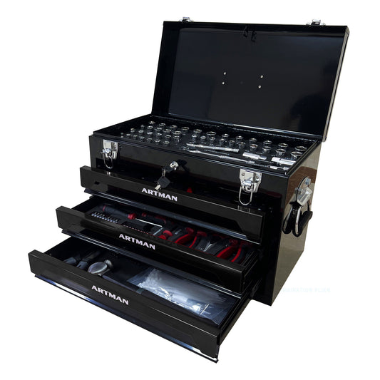 Portable 3 Drawer Steel Toolbox, 4 Layers Of Tools With Metal Latches, With Storage Tray And Carrying Handle