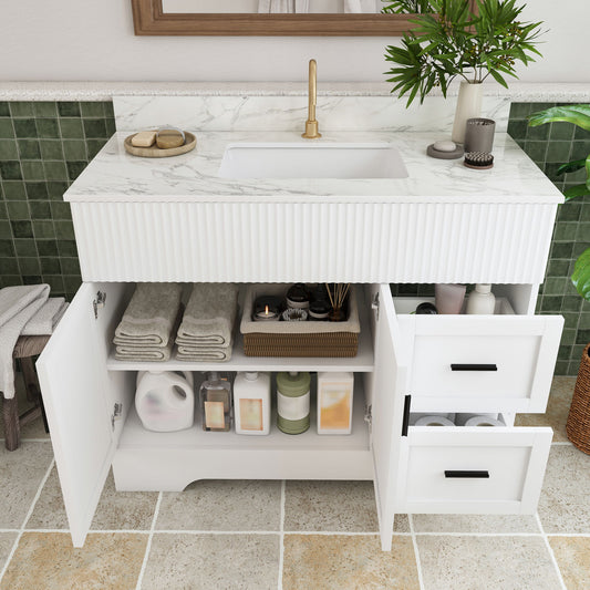 Bathroom Vanity Set, Fluted Cabinet, Soft Close Doors & Drawers, Single Faucet Hole, Sink Included - White