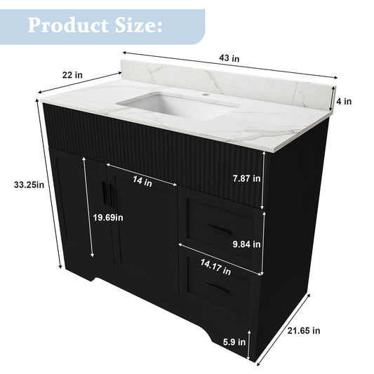 Bathroom Vanity Set, Fluted Cabinet, Soft Close Doors, Single Faucet Hole, Sink Included - Black