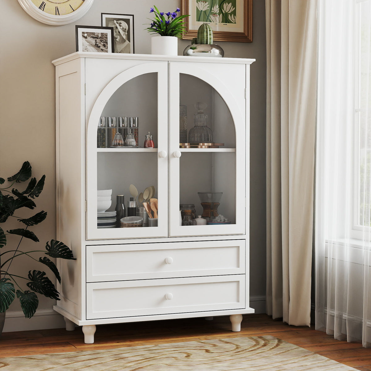 White Farmhouse Storage Cabinet, Arched Tempered Glass Door Buffet Sideboard With Tiered Top, 2‑Drawer Pantry Cabinet For Kitchen Dining Living Room Entryway Coffee Bar