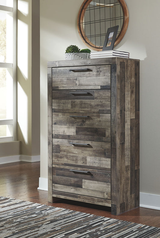 Derekson - 5 Pc. - Full Panel Headboard with Bolt on Bed Frame, Dresser, Mirror, Chest, Nightstand - Multi Gray