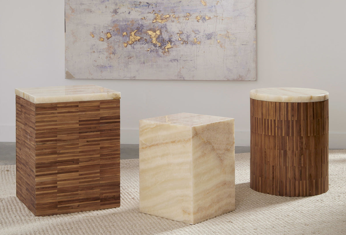 One - Stone Wood Tile Round End Table - Onyx And Solid Teak