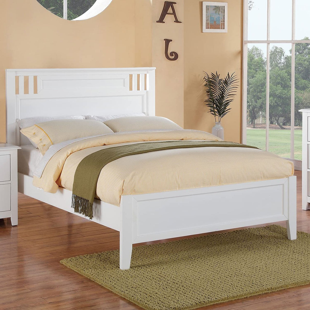 Full Size Bed Frame With Vertical Carved Design Bedroom Furniture - White