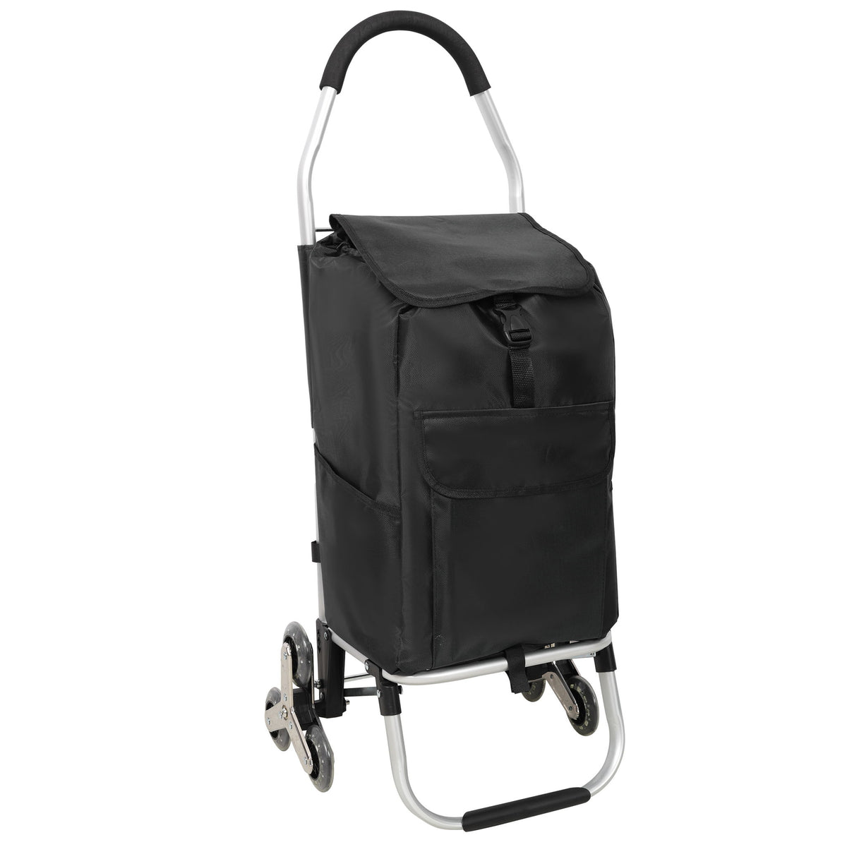 Foldable Shopping Stair Trolley With Triangular Wheels And Removable Waterproof Bag - Black