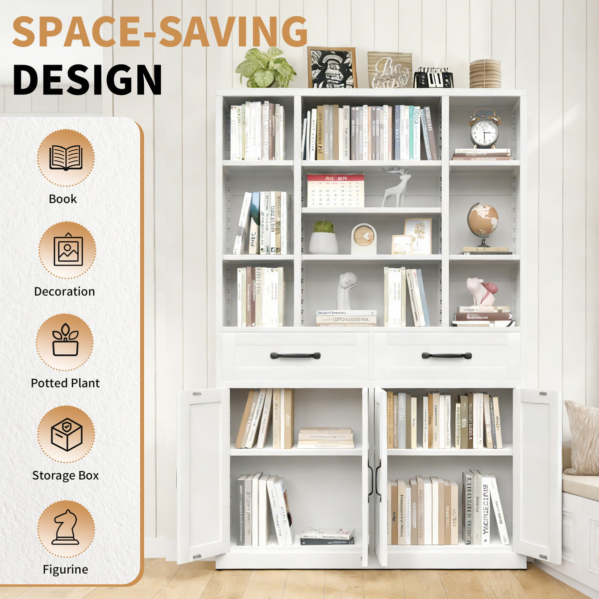 Industrial Bookcase Tall With Adjustable Shelves, Drawers & Doors