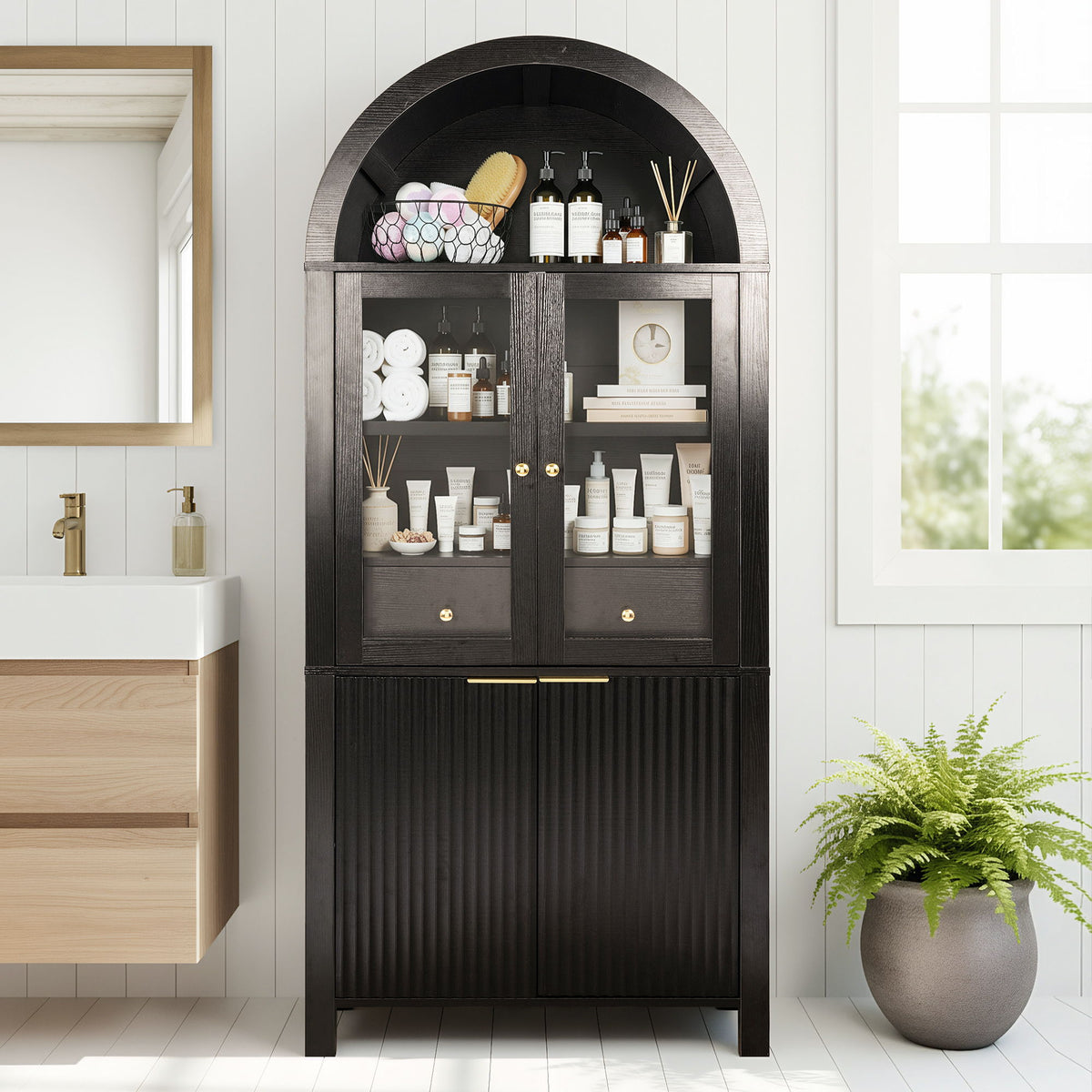 Fluted Tall Arched Pantry Cabinet With Adjustable Shelves, Glass Door & Hidden Drawer For Kitchen - Black