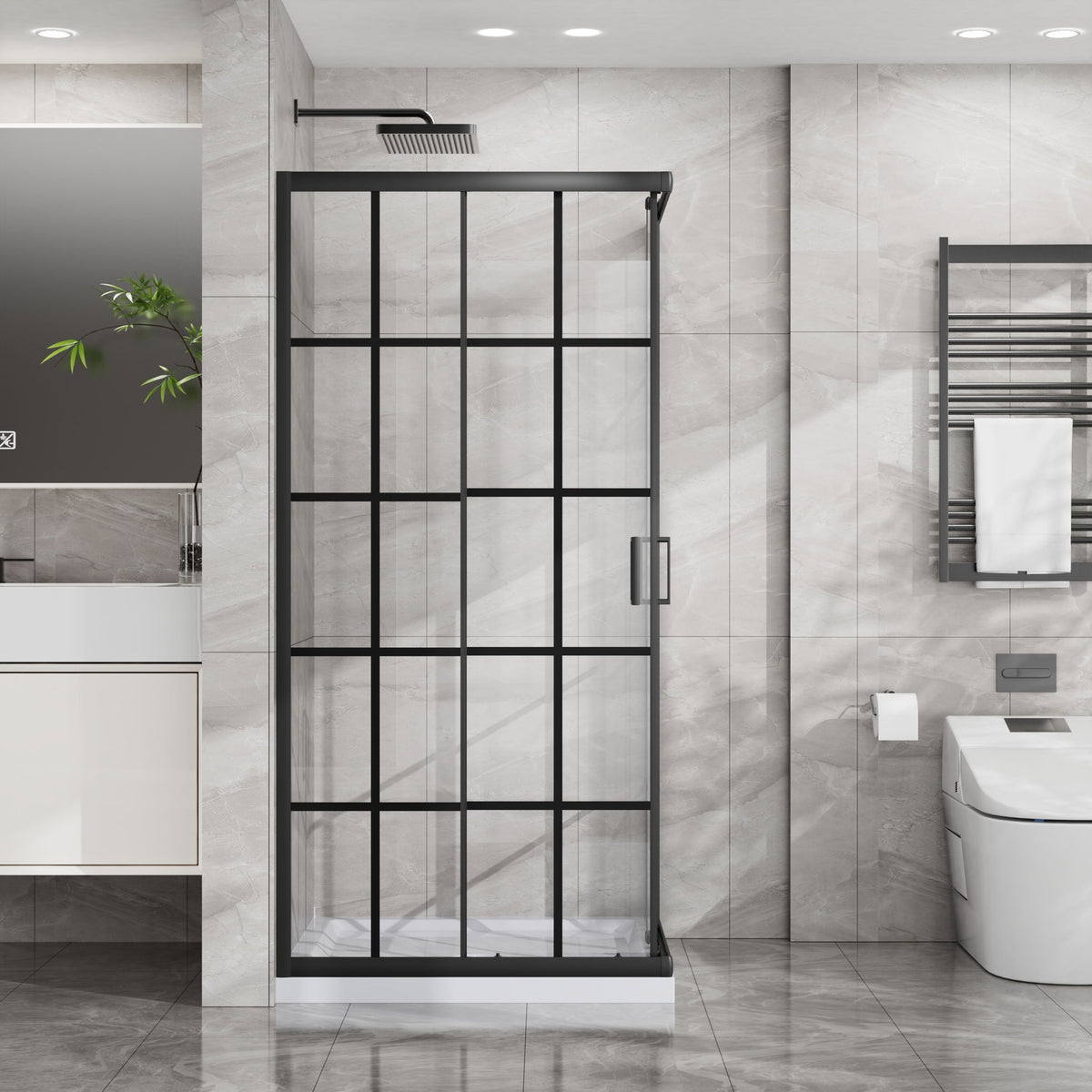 Corner Shower Enclosure Double Sliding Door & Shower Base - Matte Black