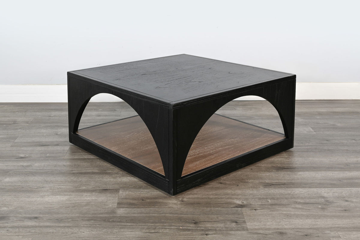 Modern Wood Coffee Table With Arched Open Shelf Design And Casters - Umbra / Oak Grove