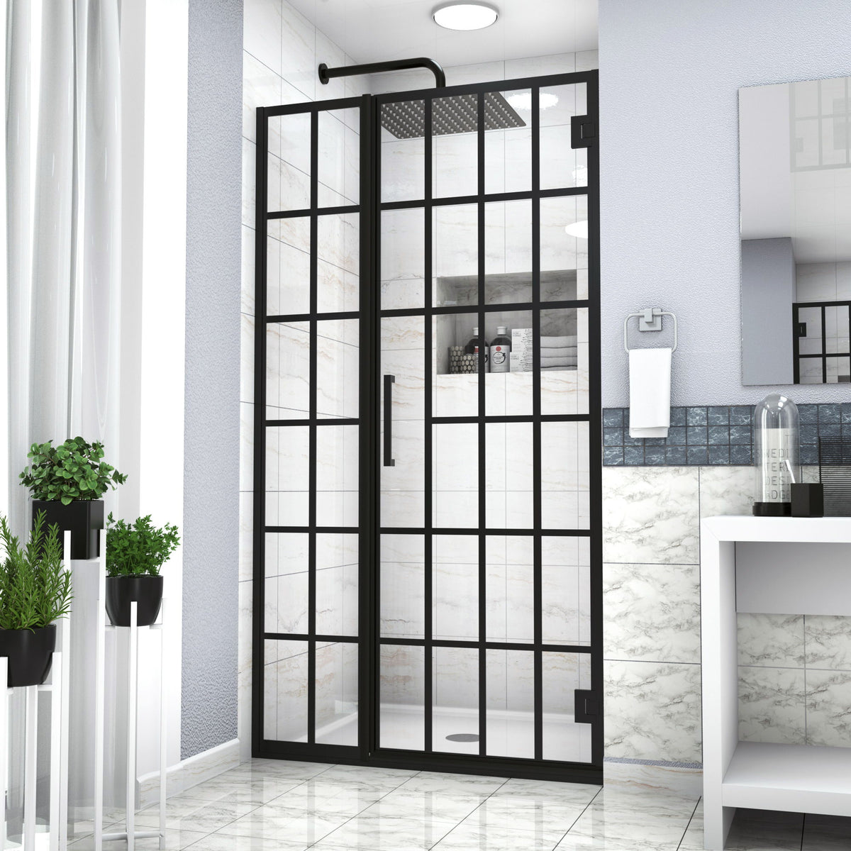 Frameless Pivot Shower Door With Pattern Glass, Open Entry Design