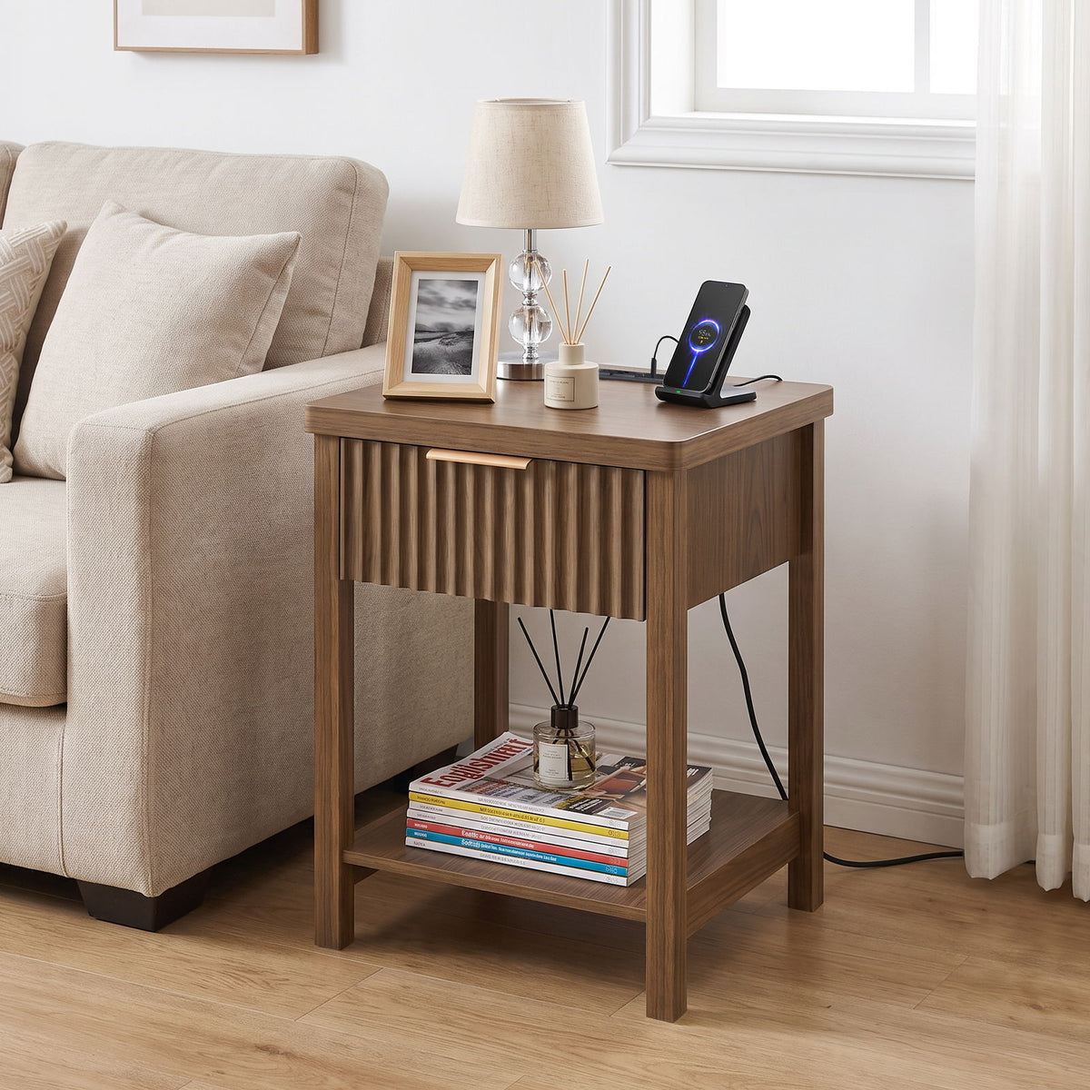 Nightstand, Bedside Table With Built In Charging Station (Set of 2) - Walnut