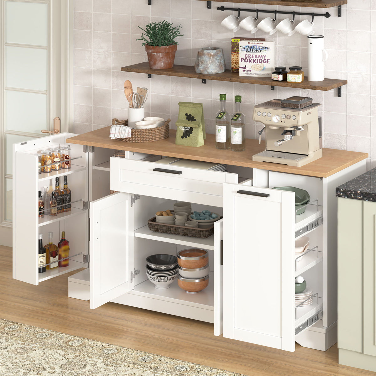 Sideboard With Extendable Table, Adjustable Shelves, 3 Tier Pull Out Rack - White
