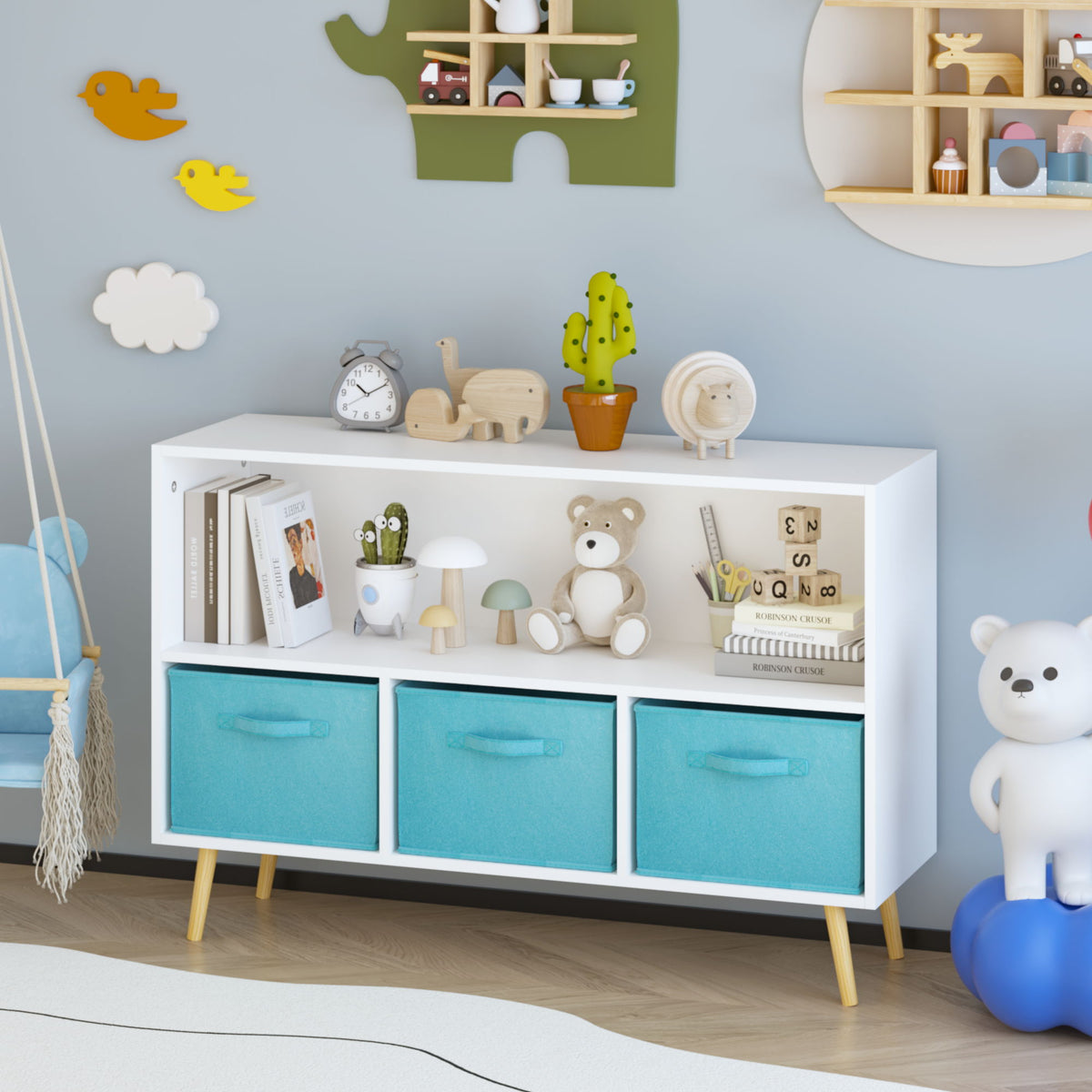 Bookcase With Collapsible Drawers, Book Display Storage Cabinet Organizer - White / Blue