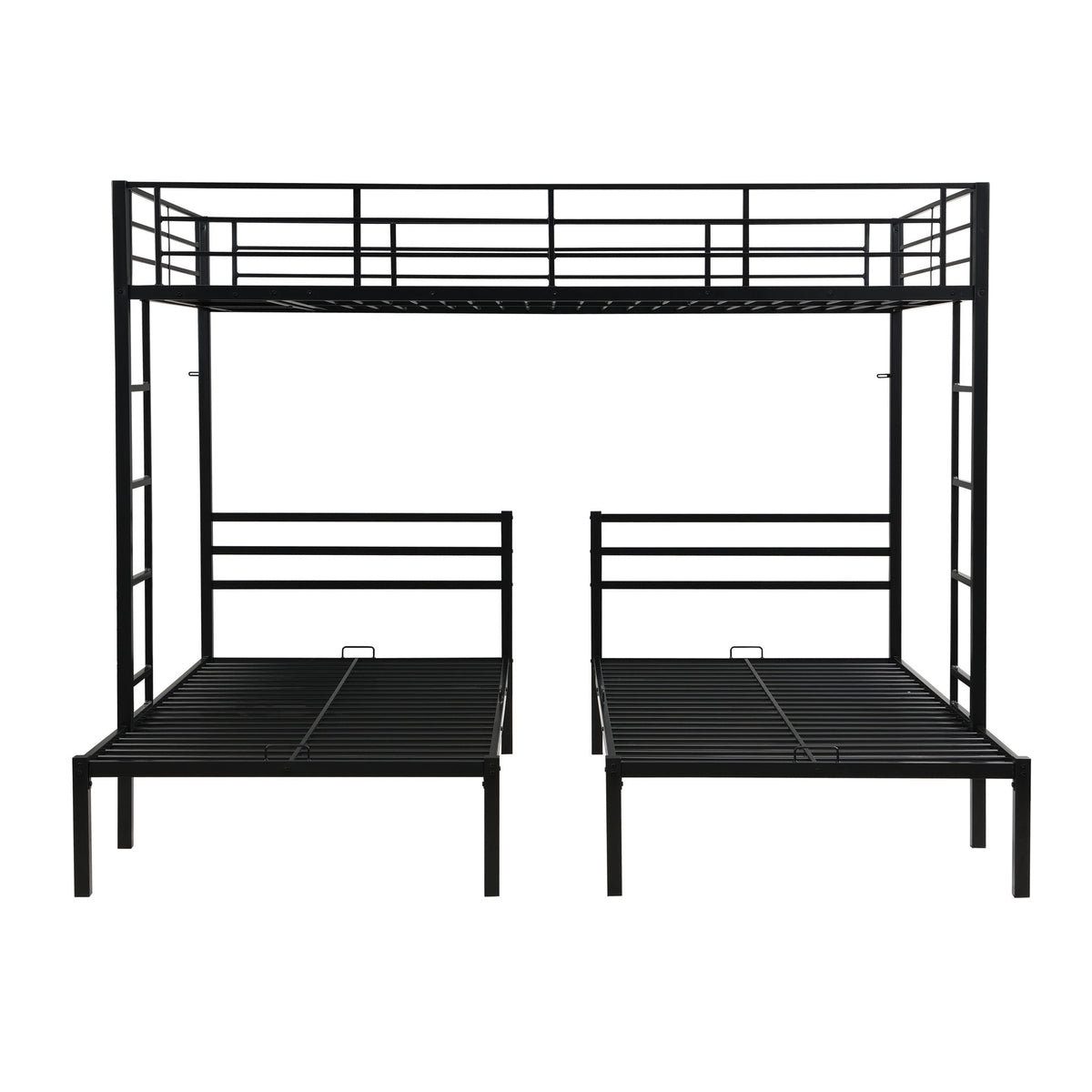 Modern Metal Triple Bunk Bed With Vertical Ladder, Safety Rail, And Storage Shelf - Black