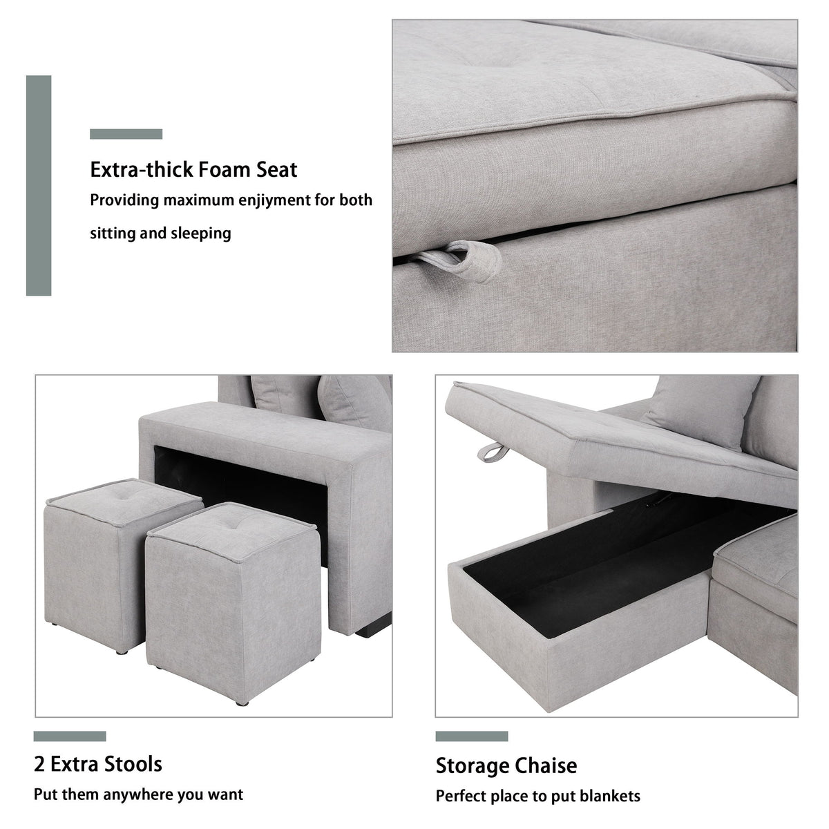 Modern L-Shape 3 Seat Reversible Sectional Couch, Pull Out Sleeper Sofa With Storage Chaise And 2 Stools For Living Room Furniture Set