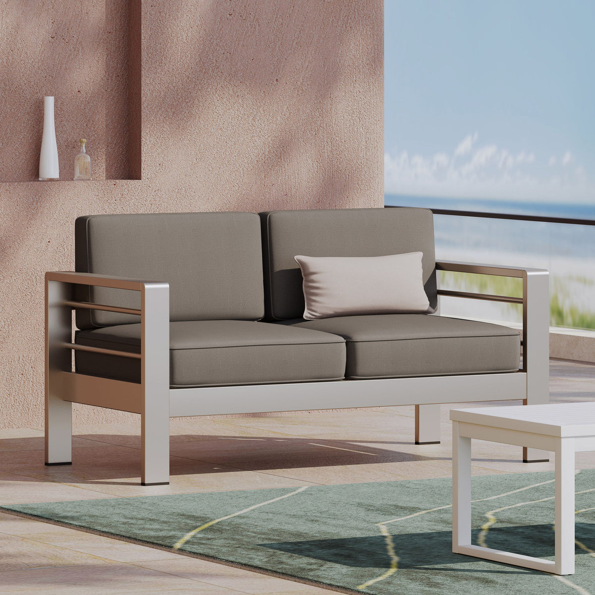 Outdoor Aluminum Loveseat With Cushion - Khaki