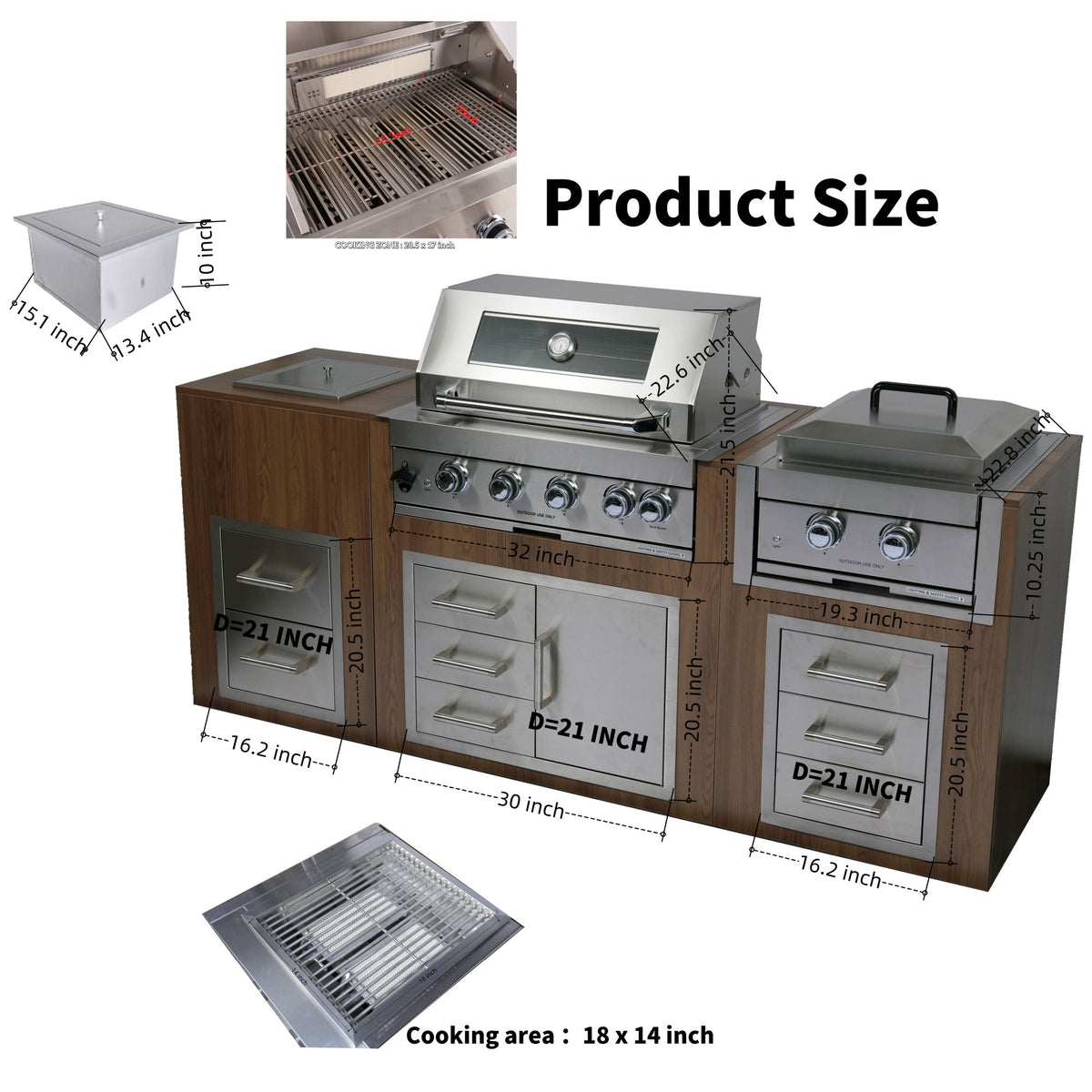 Built-In Outdoor Kitchen LPG Gas Grill 60000 Btu, Drop-In Ice Box With BBQ Tool Set - Silver