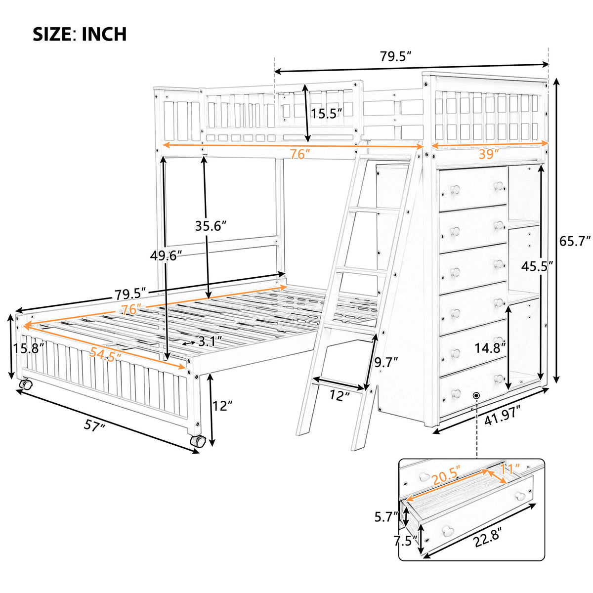 Twin Over Full Bunk Bed With 6 Drawers And Flexible Shelves, Bottom Bed With Wheels - Gray
