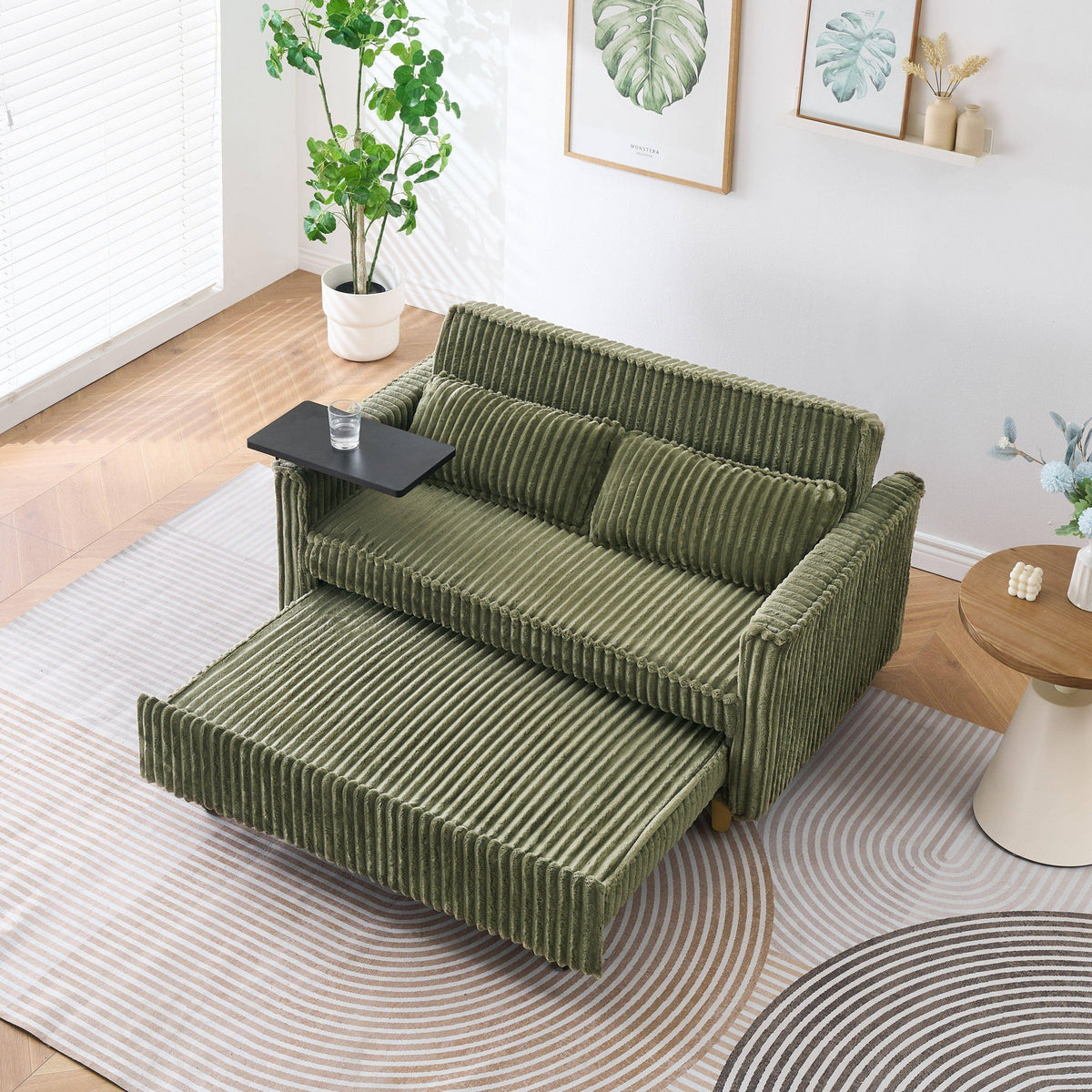 Pull Out Sofa With Movable Tabletop And USB Ports - Green