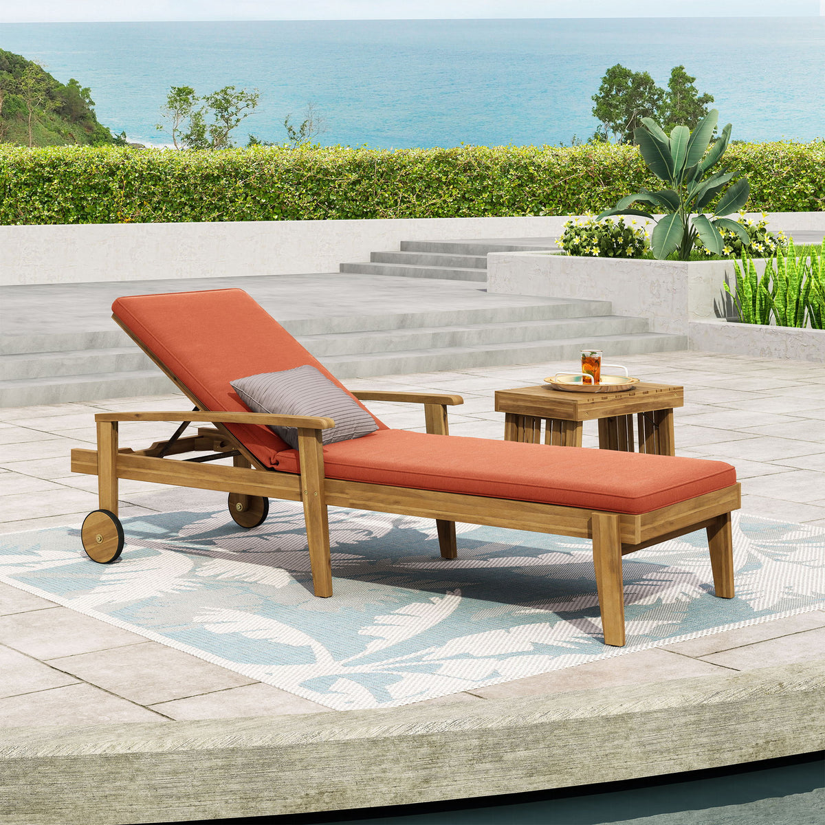 Jason - Chaise Lounge Acacia Wood Adjustable Outdoor Chair - Orange