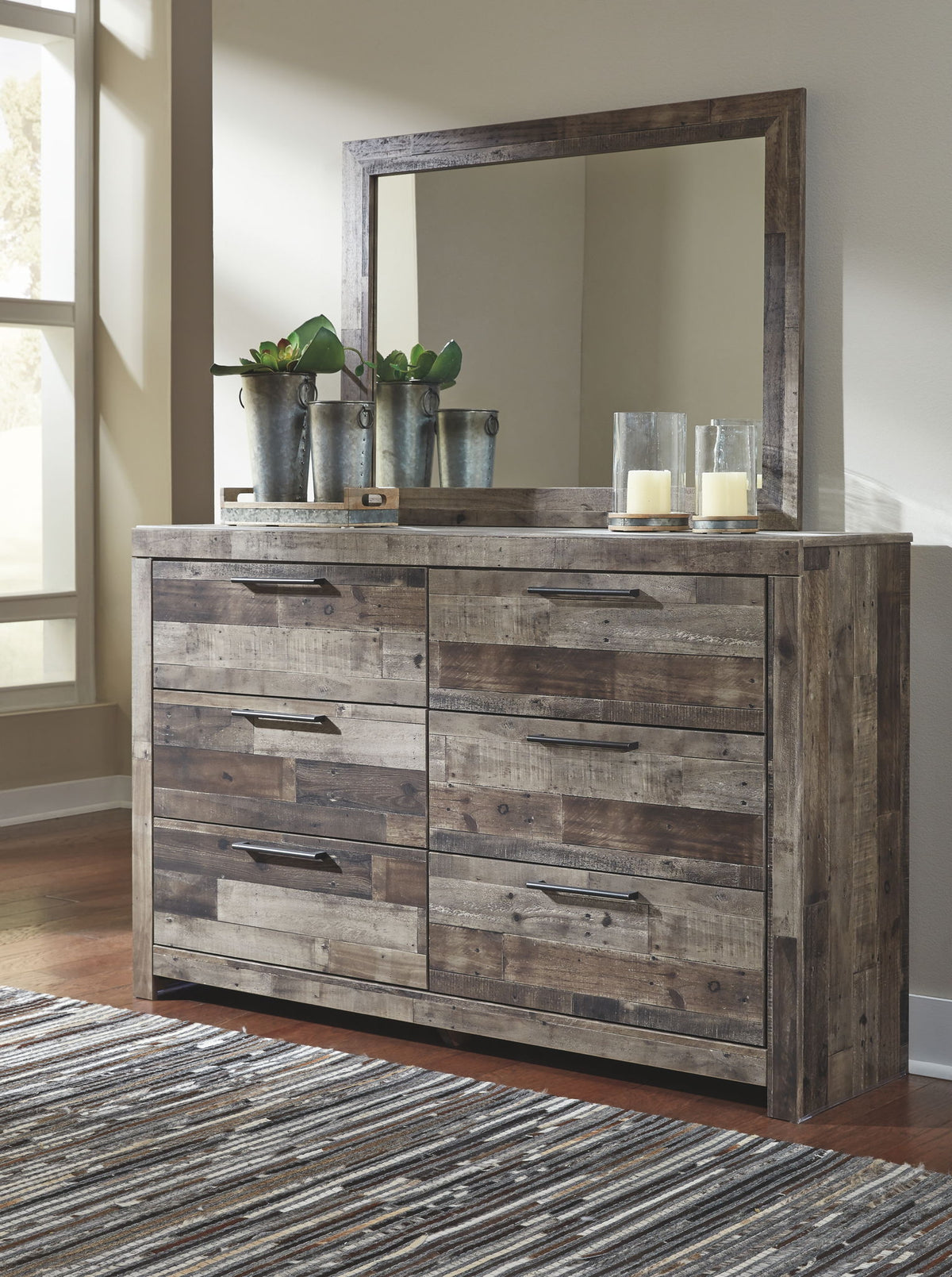 Derekson - 5 Pc. - Full Panel Headboard with Bolt on Bed Frame, Dresser, Mirror, Chest, Nightstand - Multi Gray