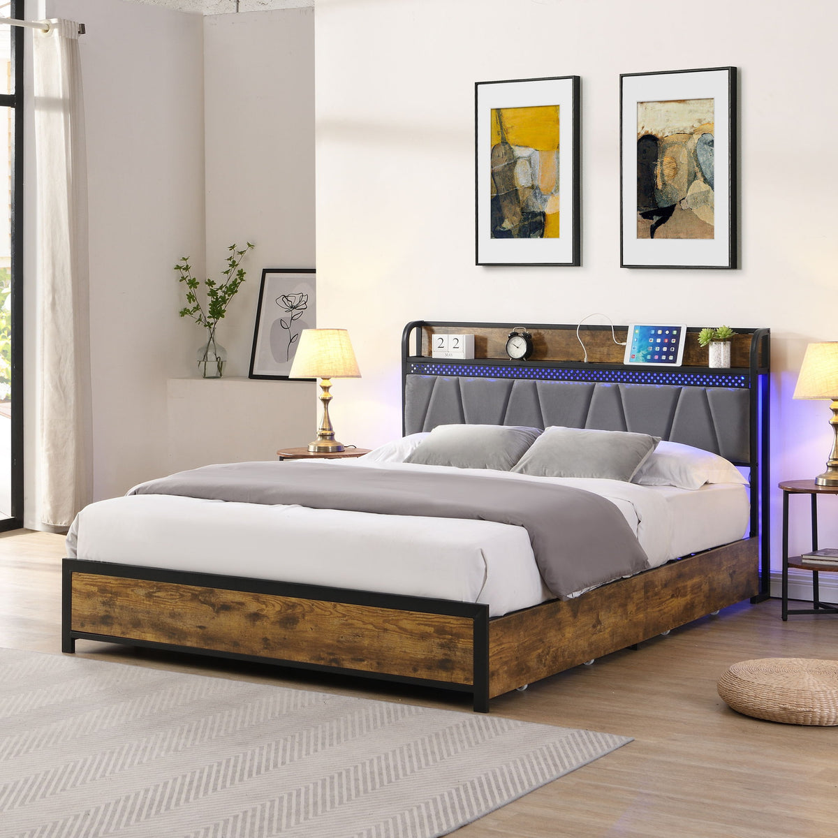 Modern Bed Frame With LED Lights, Upholstered Headboard, USB Charging