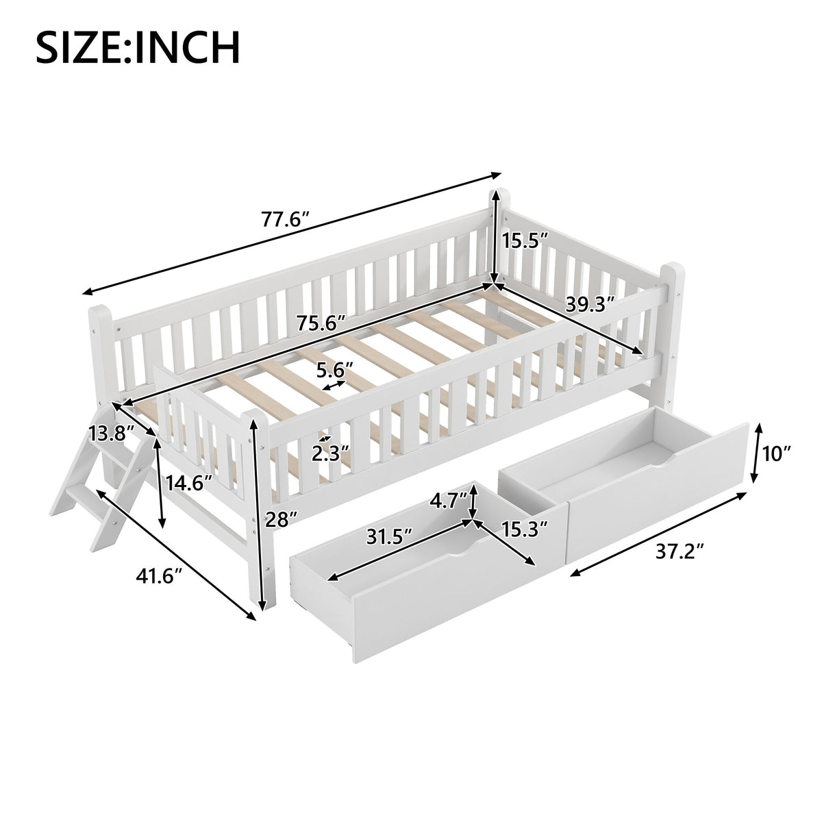 Platform Bed With Guardrail And 2 Drawers
