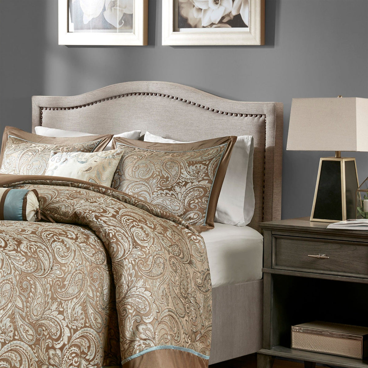 Elegant Panel Headboard With Copper Nailheads And Adjustable Metal Legs