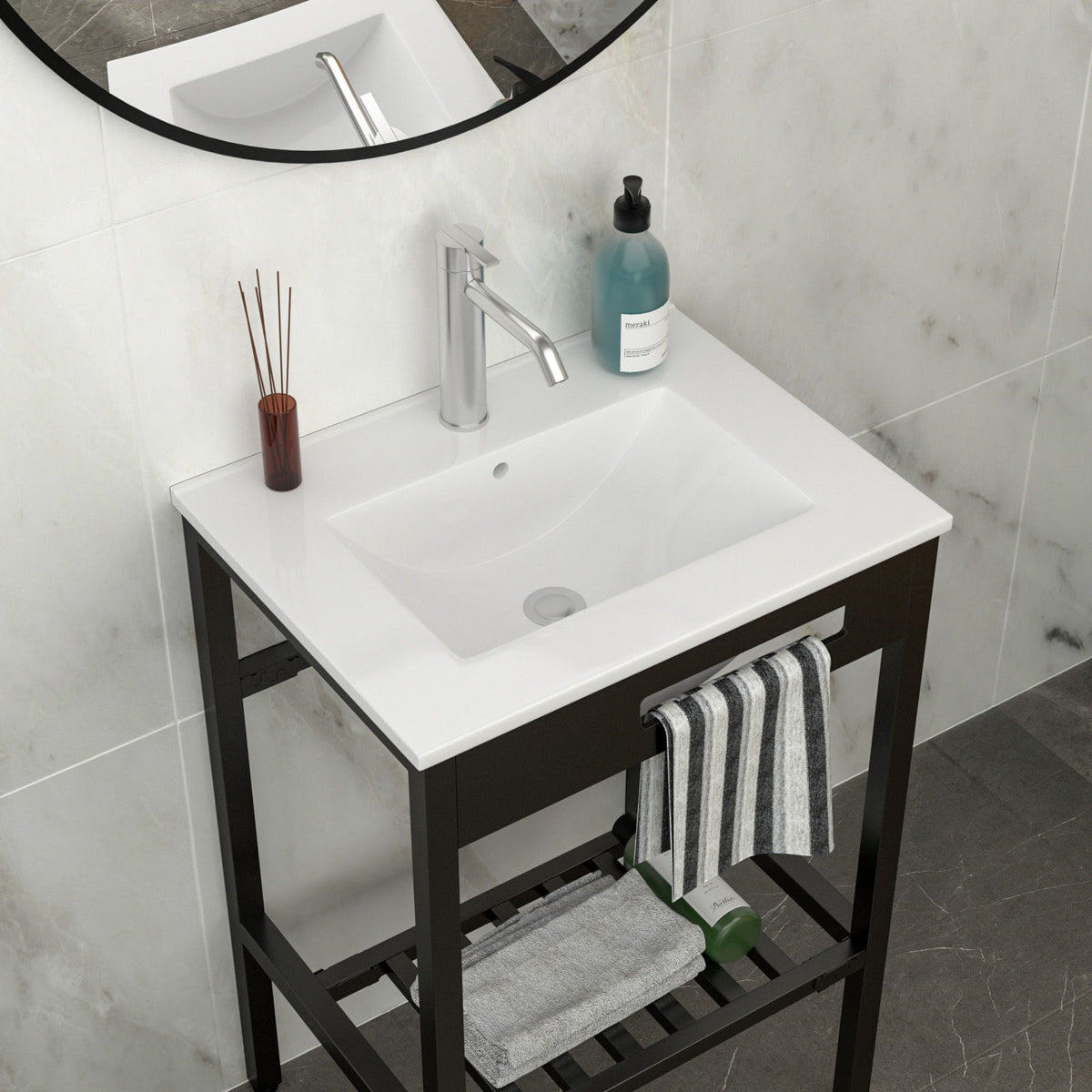 Console Sink With Legs, 24" X 18", Durable Porcela With Frame - White / Black