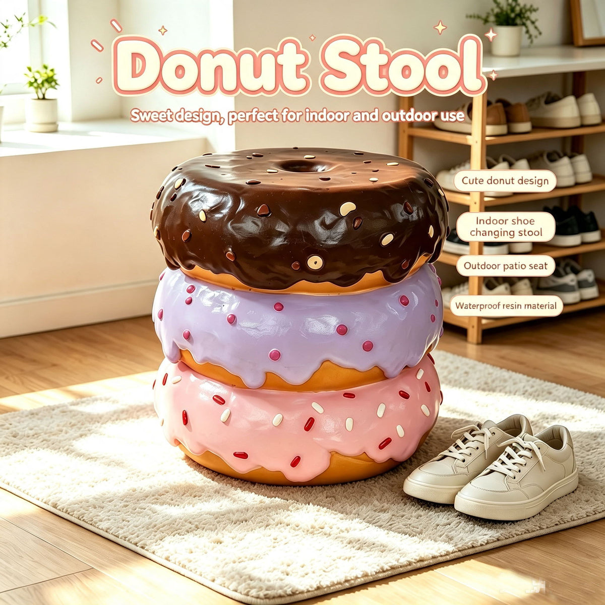 Stacked Donut Stool With Sprinkles Detail, Figurine Seat For Indoor Outdoor Decor - Light Natural