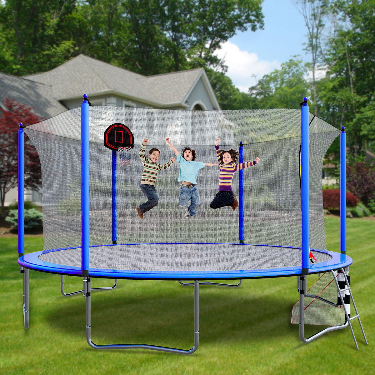 16Ft Trampoline With Basketball Hoop Pump And Ladder (Inner Safety Enclosure) With Soccer Goal - Blue