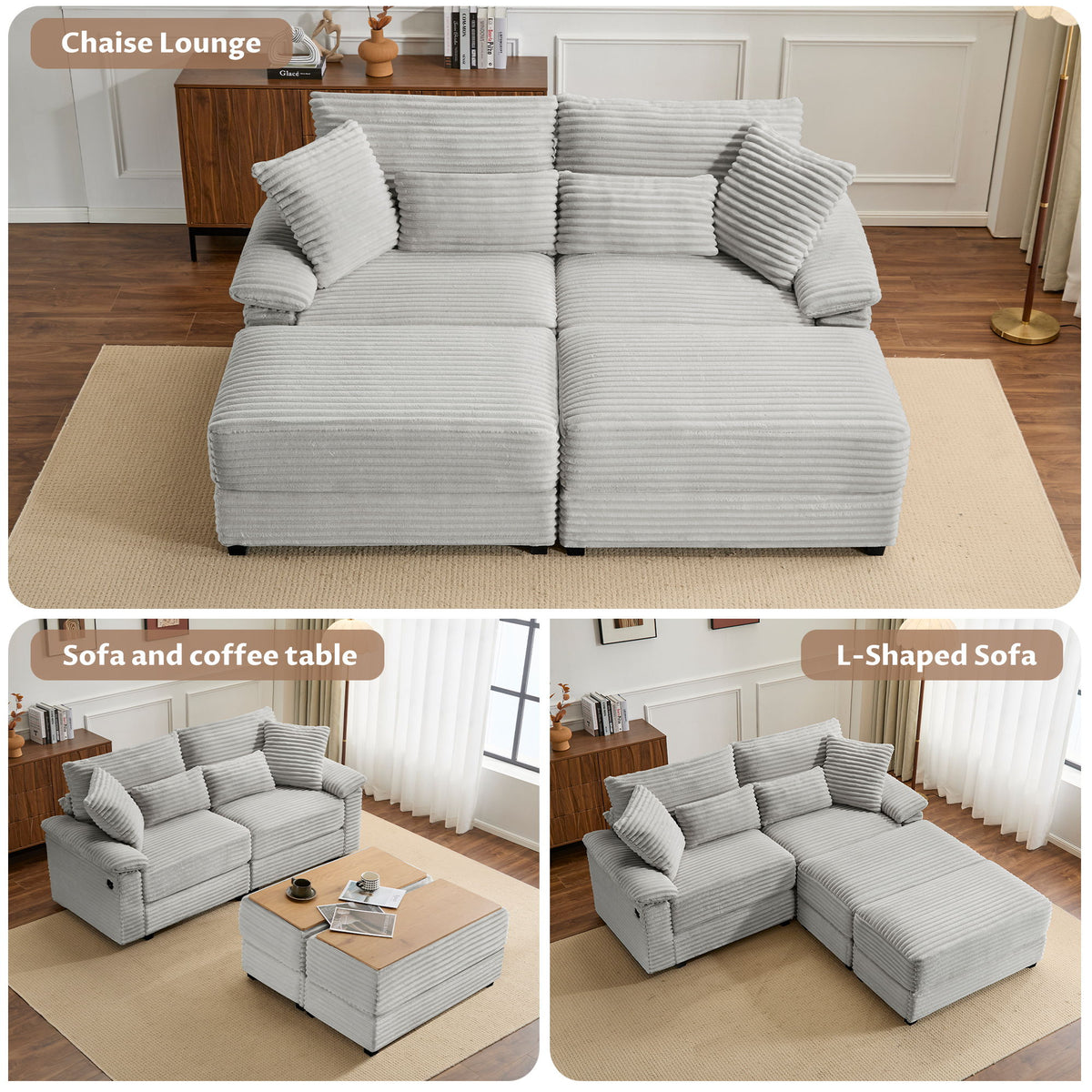 Double Chaise Lounge Set With Reversible Storage Ottomans, USB Port