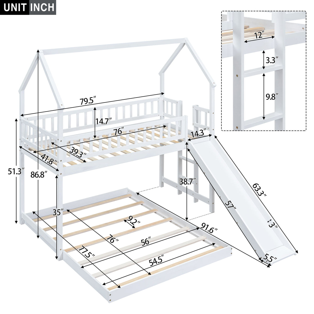 House Bunk Bed With Slide And Built In Ladder