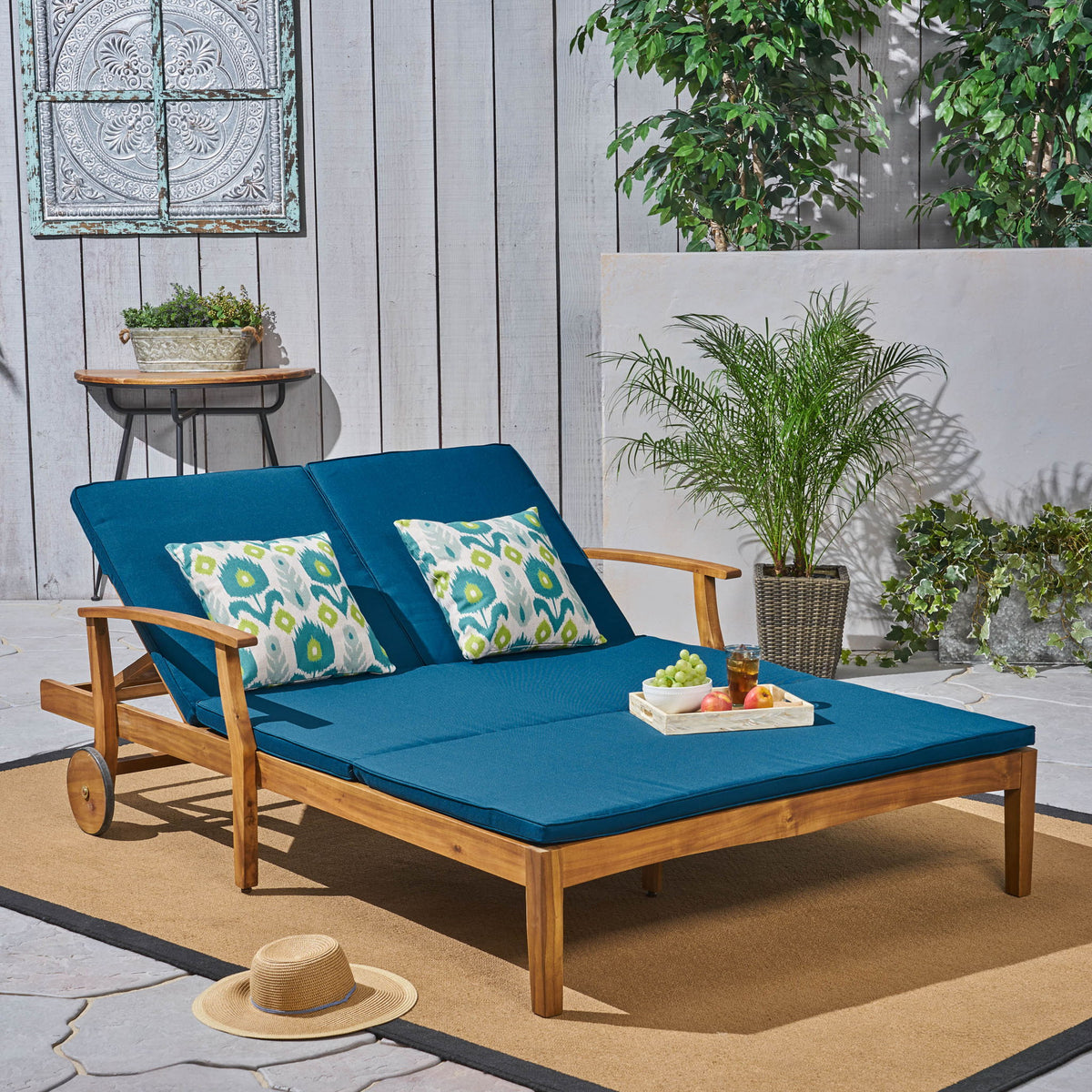 Etherealize - Outdoor Adjustable Double Chaise Lounge With Water Resistant Cushions - Teak / Blue