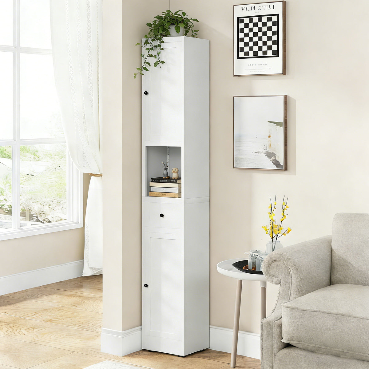 Tall Narrow Bathroom Cabinet With 5-Tier Storage, Adjustable Shelves, Freestanding - White