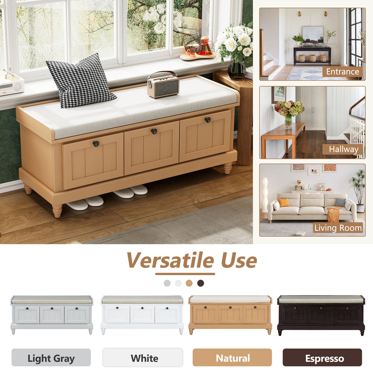 Shoe Bench With Cushion And 3 Drawers - Natural