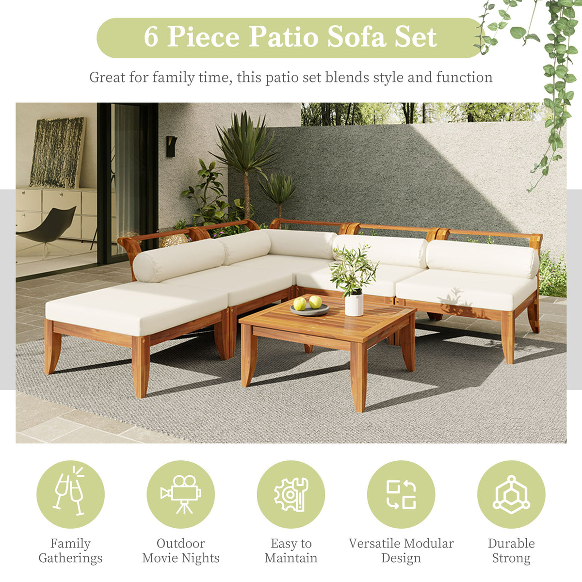 6 Piece Patio Sofa Set, Acacia Wood Outdoor Modular Sectional Garden Furniture Set L Shaped Conversation Set, Convertible Daybed With Tea Table, Ottoman, 5 Cushions And Pillows - Teak / Beige