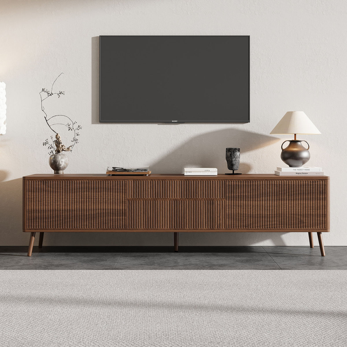 Fluted TV Stand With Storage Drawers And Cabinets For TVs Up To 80", Soft-Close Hinges, Cable Management - Walnut