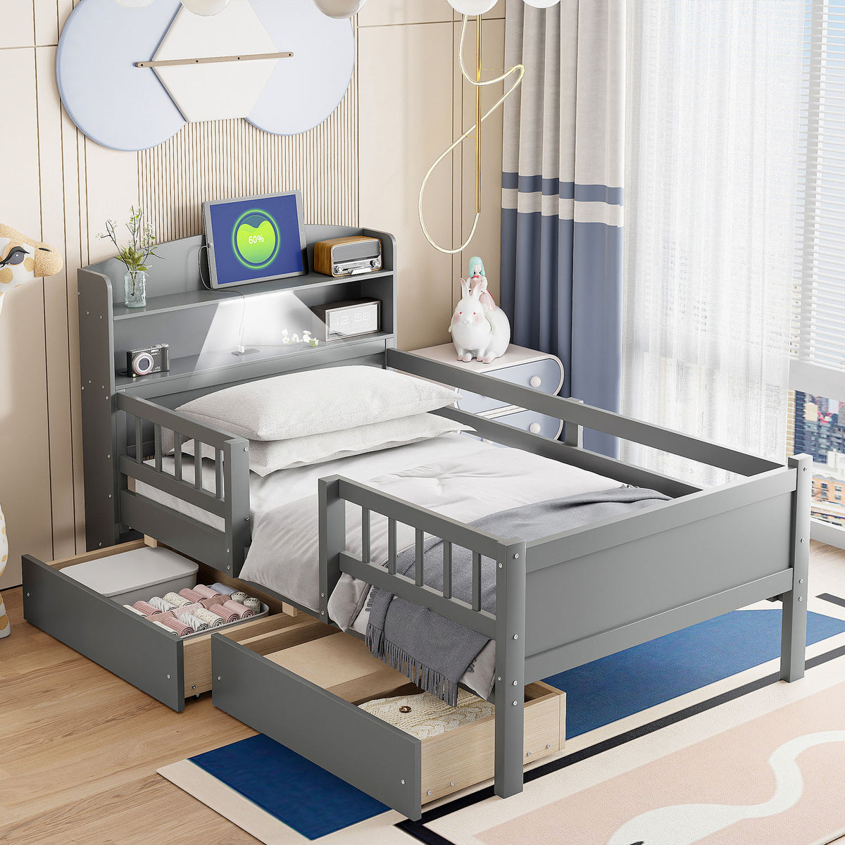 Platform Bed With LED Light, Multi Functional Headboard, Guardrail And 2 Drawers