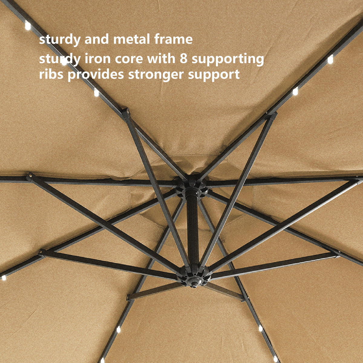 Outdoor Cantilever Patio Umbrella With 32 LED Lights 10 Ft Hanging Design Easy Open Adjustment Metal Frame - Taupe